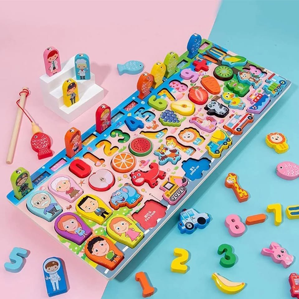 Wooden 6-in-1 Cartoon Fishing and Learning Board