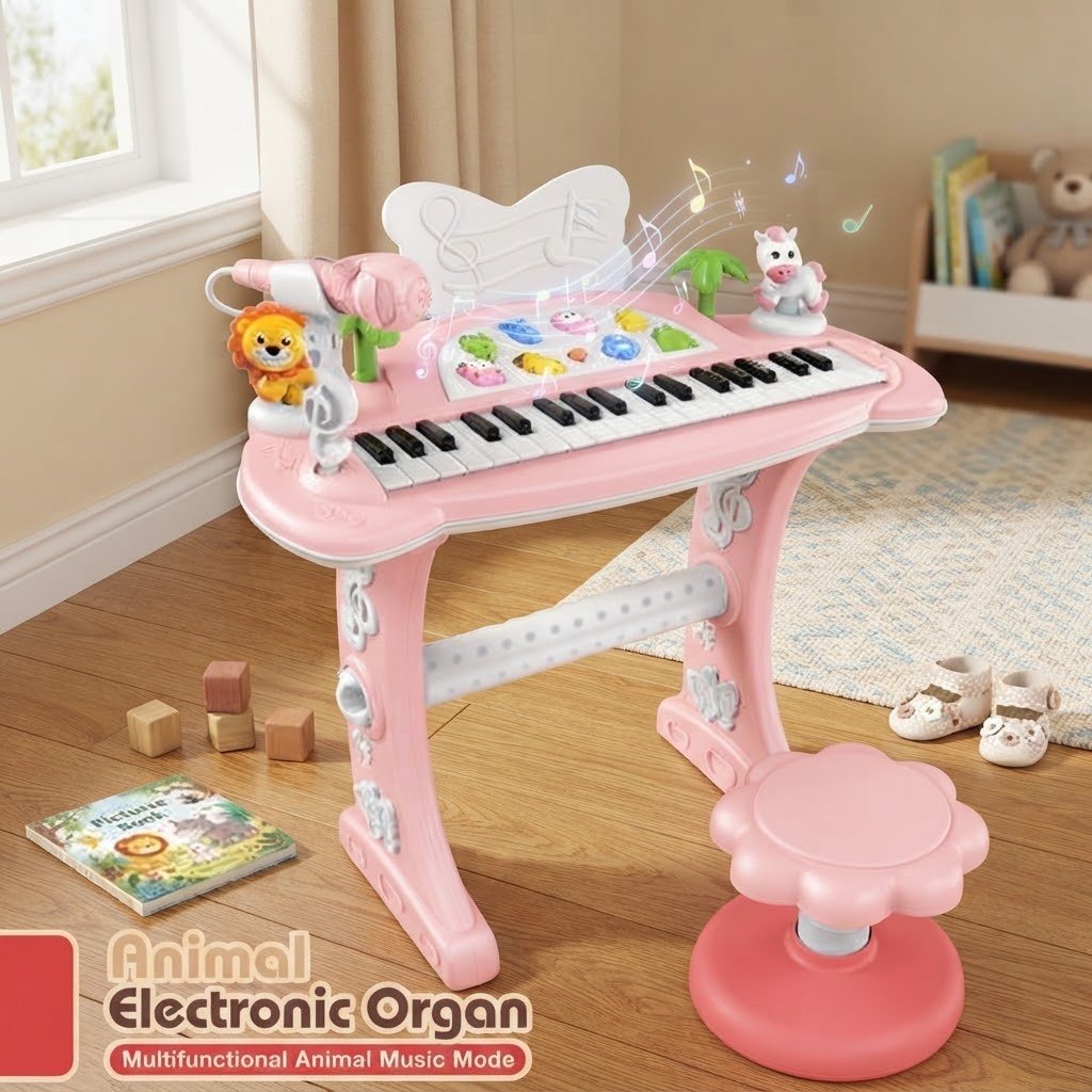 Pink Animal Electronic Organ Piano with Stool for Kids